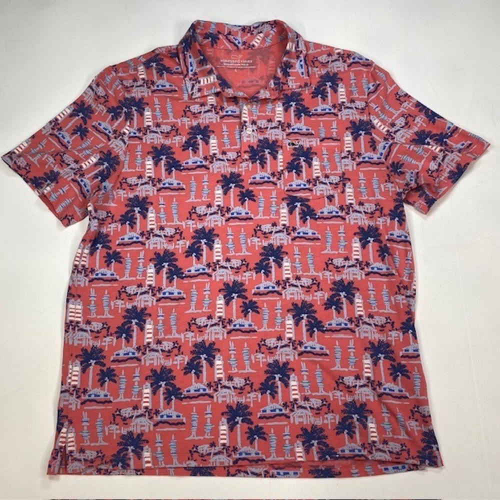Vineyard Vines Mens Edgartown Polo Shirt Pink Lighthouse Palm Tree L 1G010282